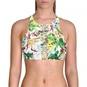 Red Carter Martinique Macrame Tropical Floral High Neck Bikini Top Bathing Suit